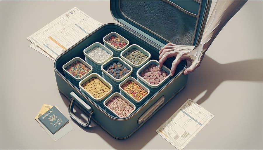 Close-up of a suitcase with airtight containers of freeze dried candies packed alongside a passport and travel itinerary.