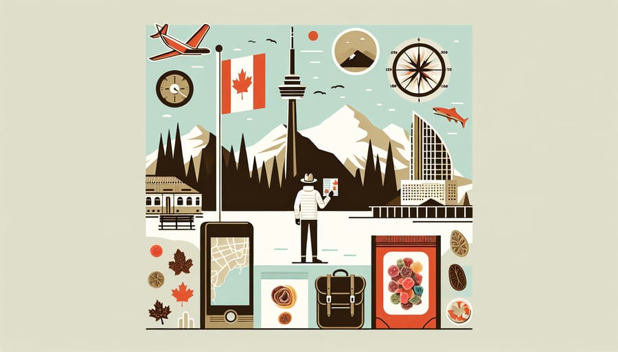 A traveler in Canada holding a map and a colorful bag of freeze dried candies, with the CN Tower and Rocky Mountains in the background.