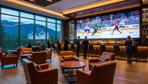 Sportsbook lounge in a British Columbia casino resort with leather seating, a panoramic sports video wall, and floor-to-ceiling windows showing pine-covered mountains at twilight, with a bar and small groups of guests in the background.
