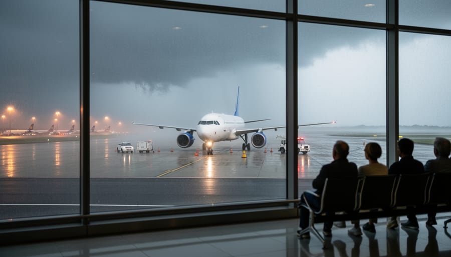 A commercial airplane on a rain-soaked runway at a major London airport with overcast skies