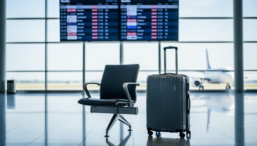 A lone rolling suitcase and empty chair in an airport waiting area at Montréal, Trudeau.