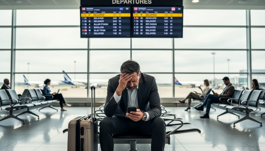 A passenger sitting with a carry-on near an airport gate while checking a phone, suggesting a flight delay at Montreal-Trudeau.