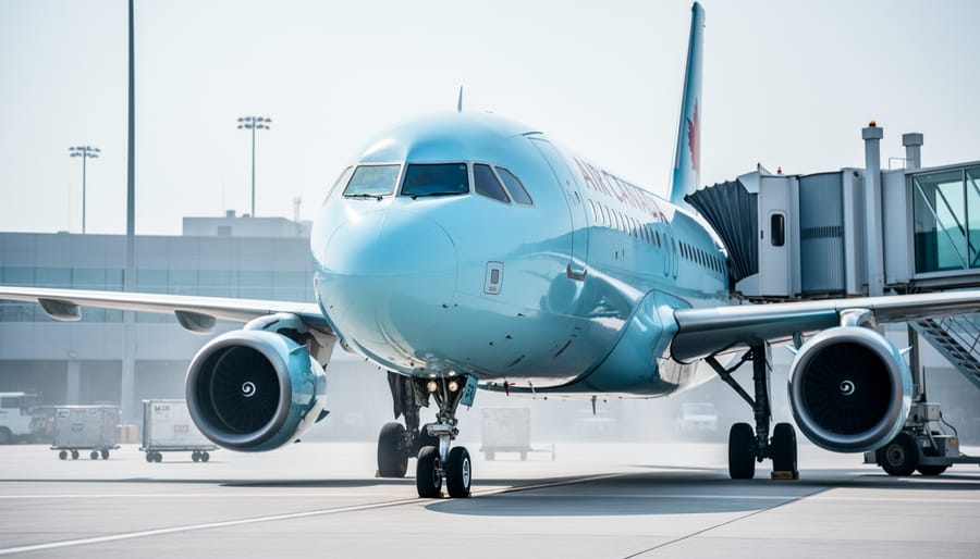 An Air Canada airplane parked on an airport tarmac with a blurred terminal and gate area in the background.