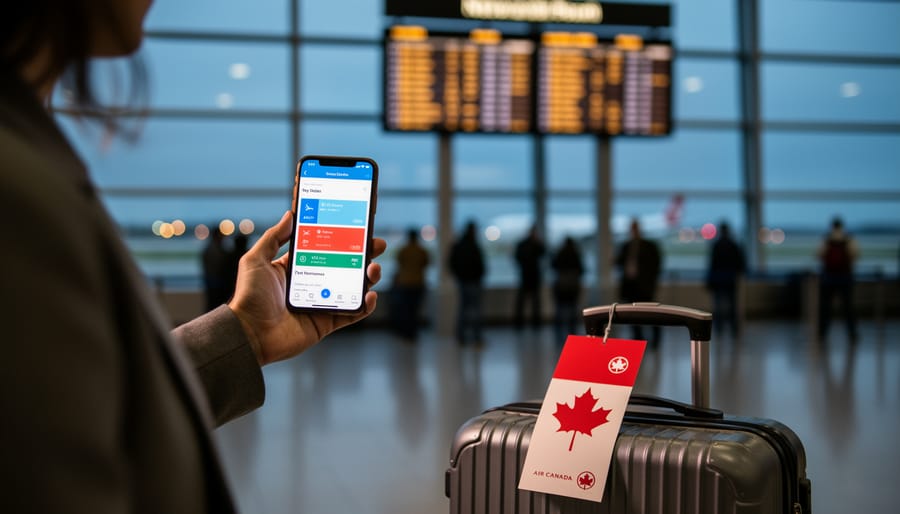 Traveller holding a smartphone with a generic flight status screen near an airport check-in counter, with an Air Canada–themed suitcase tag and blurred departure board in the background