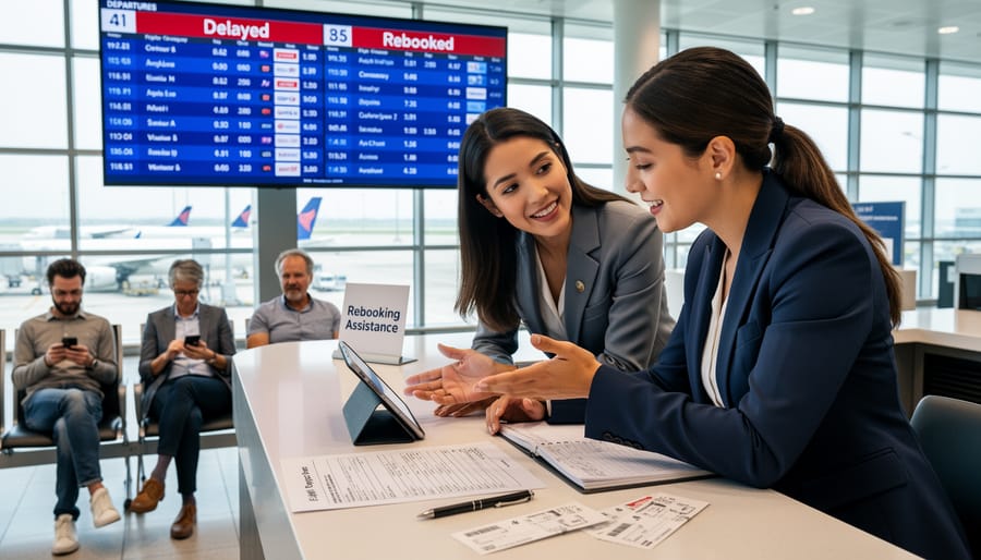 An airline staff member handing printed documents to a passenger at a service counter, symbolizing assistance during a flight delay.