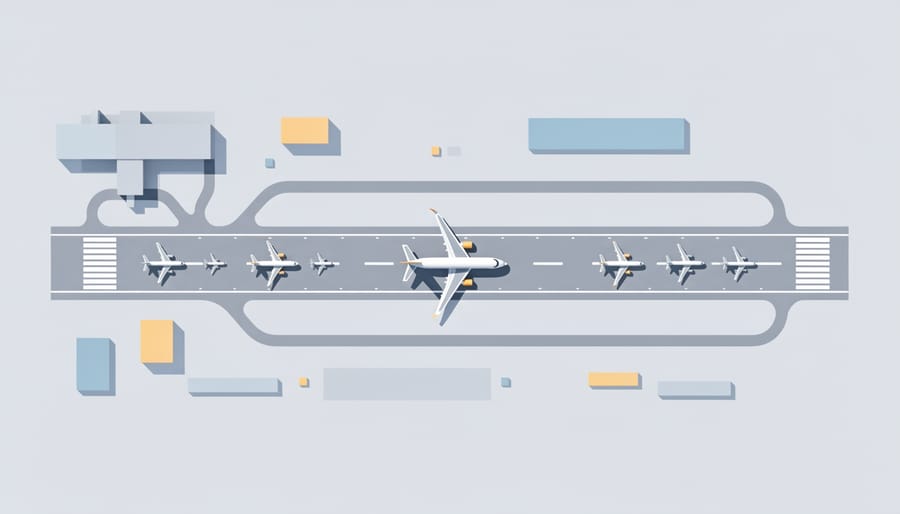 An airplane waiting on the runway at an airport during dusk with runway lights reflecting on wet pavement.