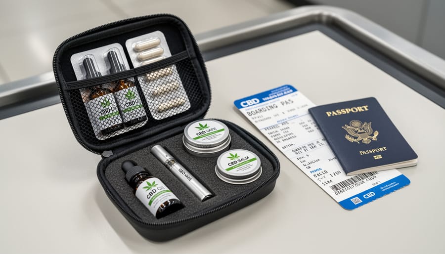 CBD bottles packed in original-style travel packaging with a COA document placed alongside them