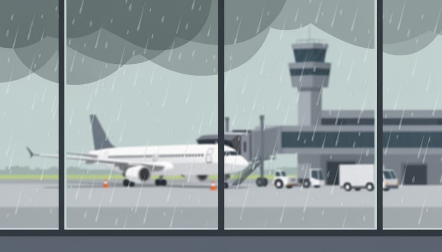 Condensation and rain on an airport window with blurred aircraft silhouettes outside.
