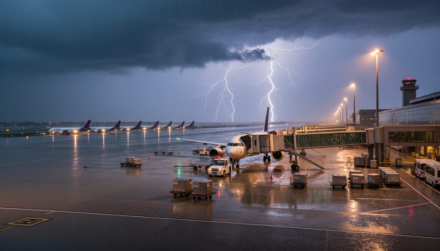 Dramatic storm clouds with faint lightning glow over the horizon