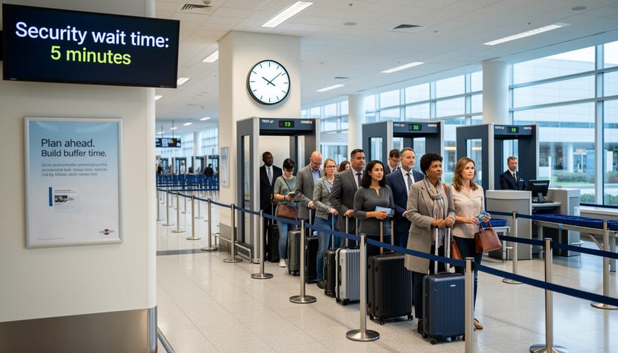 Empty airport stanchion queue with a suitcase near the line indicating shifting security wait conditions