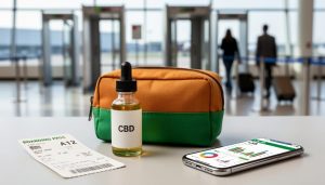 Close-up of a travel pouch and hemp-derived CBD bottle with dropper, placed near airport security surroundings with blurred travelers in the background.