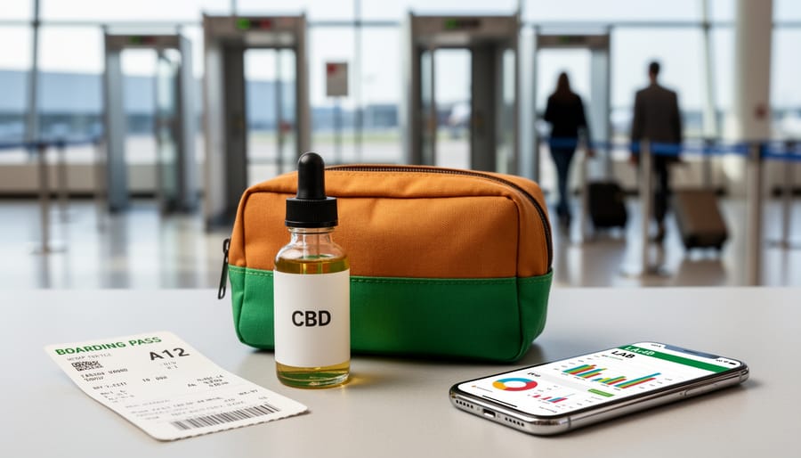 Close-up of a travel pouch and hemp-derived CBD bottle with dropper, placed near airport security surroundings with blurred travelers in the background.