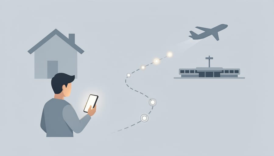 Hand holding a smartphone with an unreadable airport-related display while preparing to travel