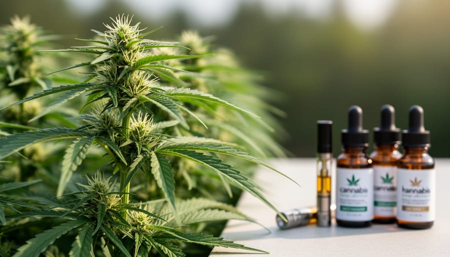 Hemp plant leaves and flowering tops growing outdoors in golden hour light