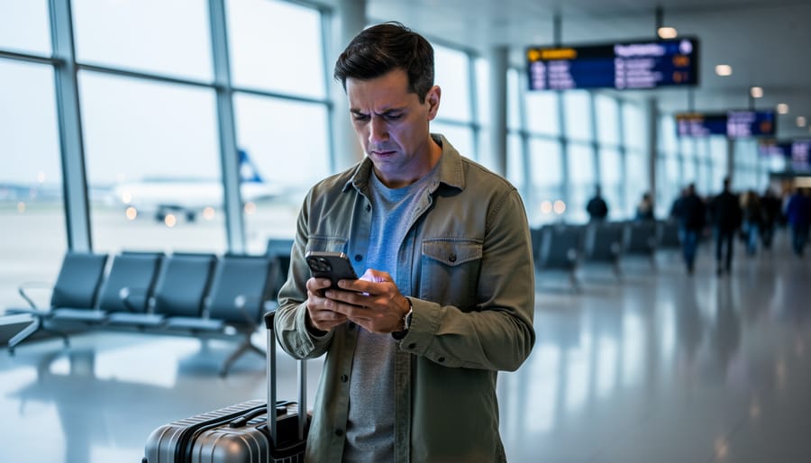 Passenger with a carry-on bag checking a phone at the gate area in Montreal–Trudeau Airport, suggesting a flight delay or disruption.
