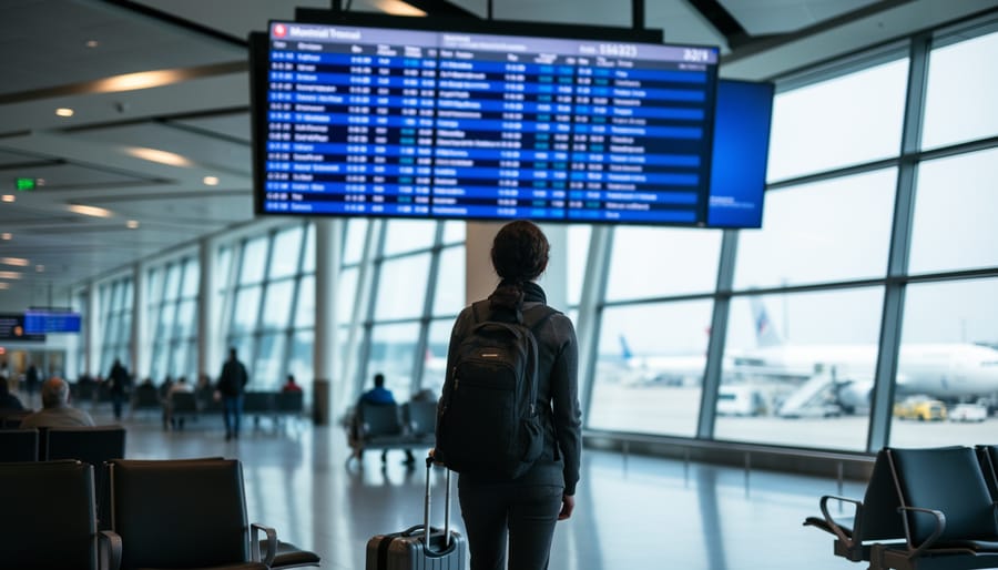 “Passenger waiting in the Montréal–Trudeau airport terminal near the departures area while aircraft are visible in the distance.”