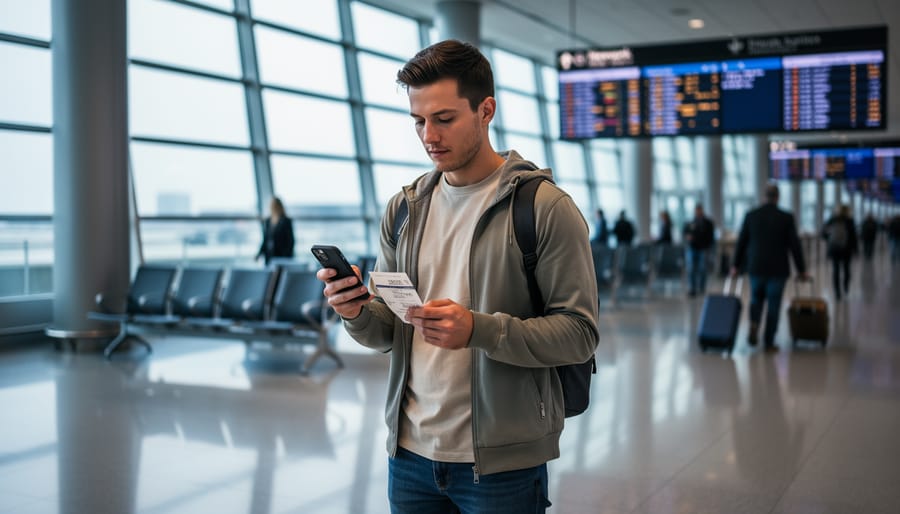 “Traveler in Newark airport using a smartphone and holding a boarding pass while flight information changes during a delay.”