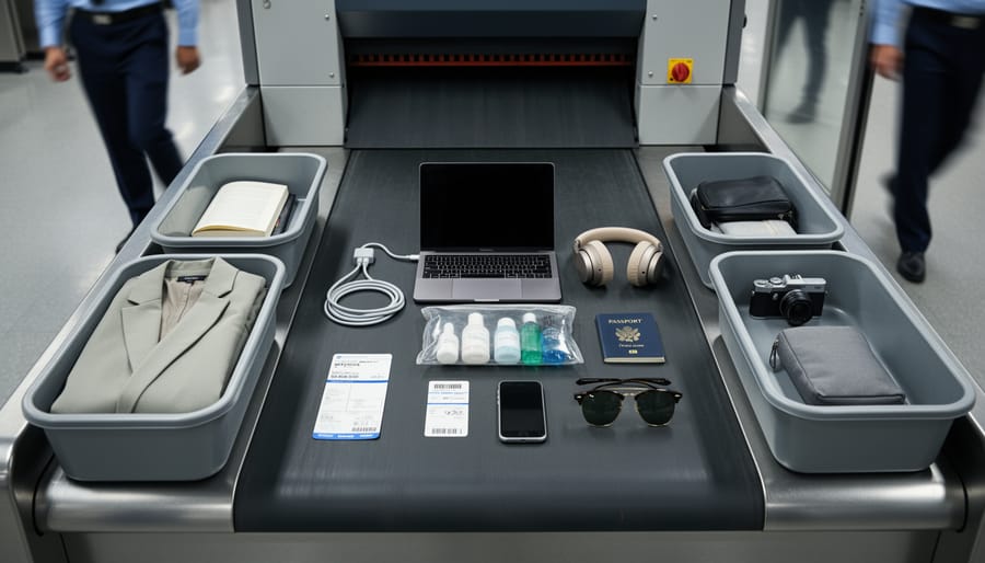 Organized security screening trays with laptop and liquids arranged neatly on a counter