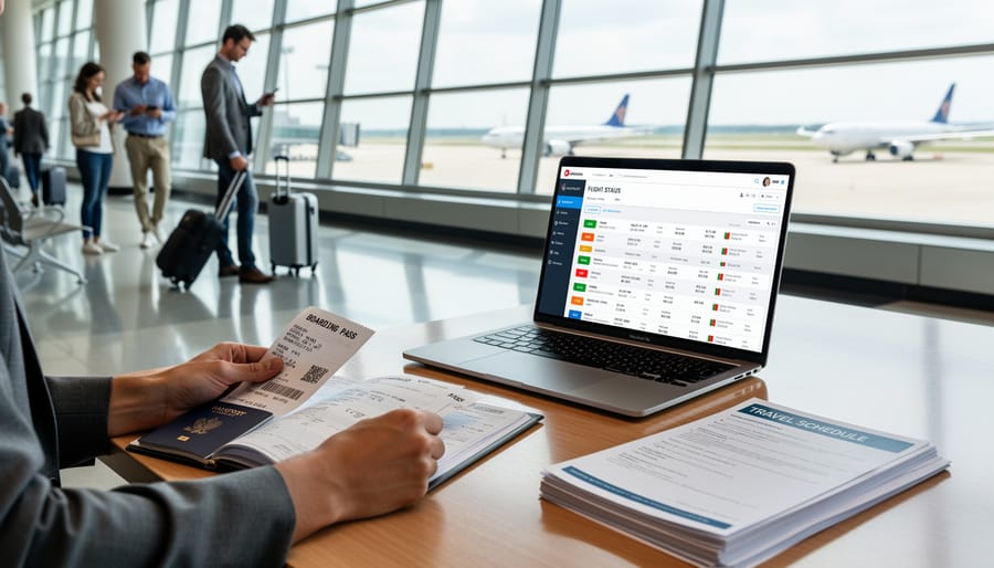 Passenger’s hands holding boarding pass while using a laptop at an airport check-in area
