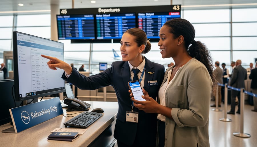 Passenger speaking with an airline agent near a service desk while checking a phone
