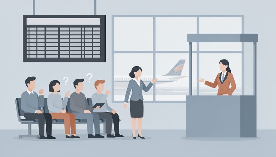 Passengers waiting at a departure gate with a gate agent speaking in the background