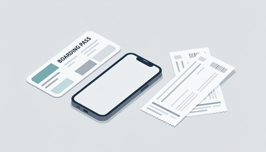 Smartphone next to an unreadable boarding pass and receipts on an airport lounge table