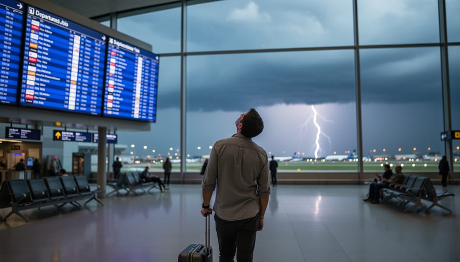 “Traveler in an airport terminal looking toward the runway as storm clouds and lightning appear through large windows at Heathrow or Gatwick.”
