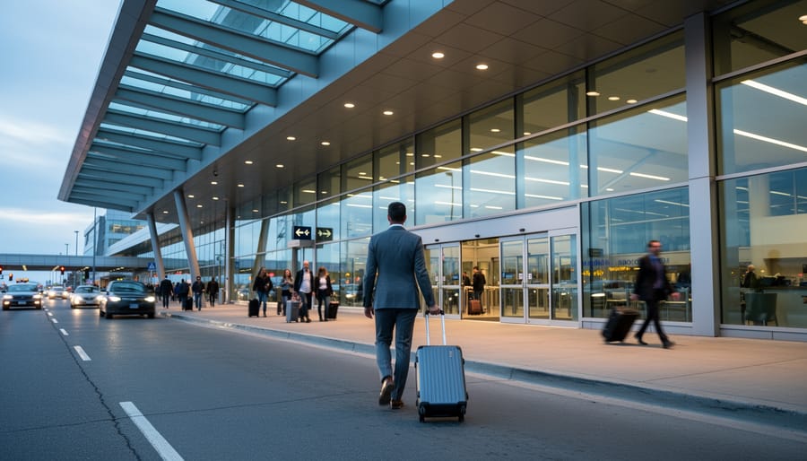 “Traveler with rolling suitcase walking toward security screening areas inside Toronto Pearson airport terminal.”