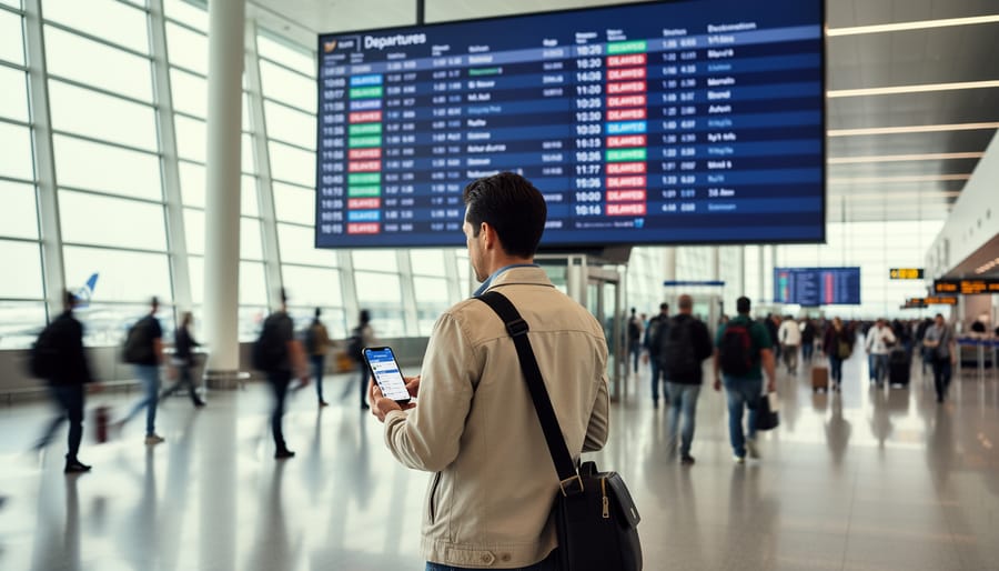 Traveler in an airport terminal looking at a phone for real-time flight updates