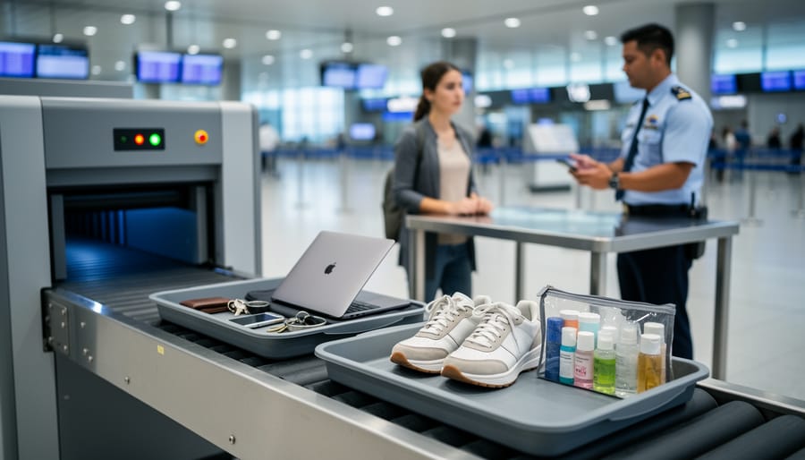 Traveler’s hands and carry-on at an airport security checkpoint with bins on a conveyor belt