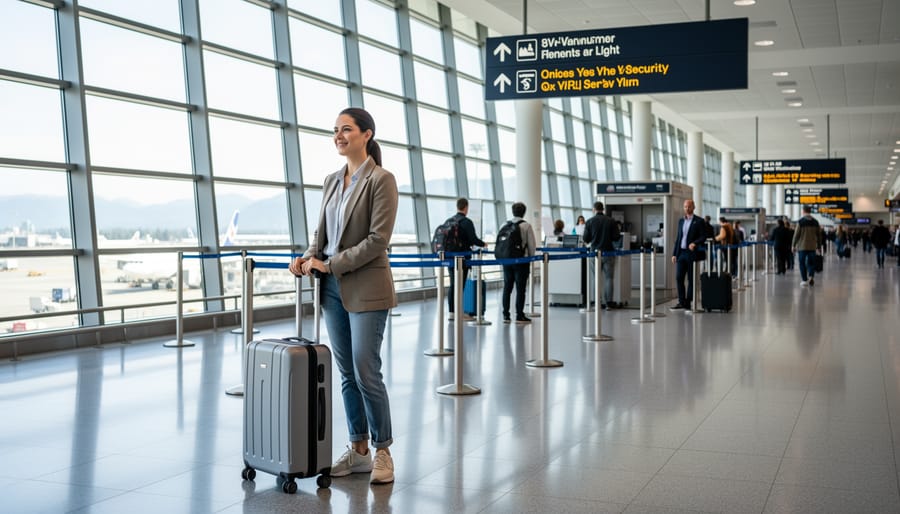 Traveler standing calmly near an airport security screening area with luggage on the belt