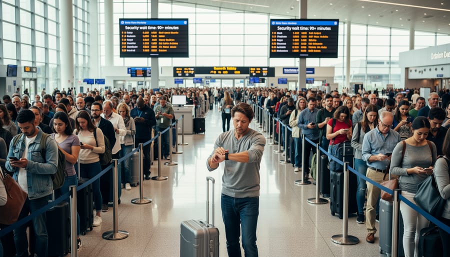 Traveler with a rolling suitcase walking toward airport security in a modern terminal during busy hours