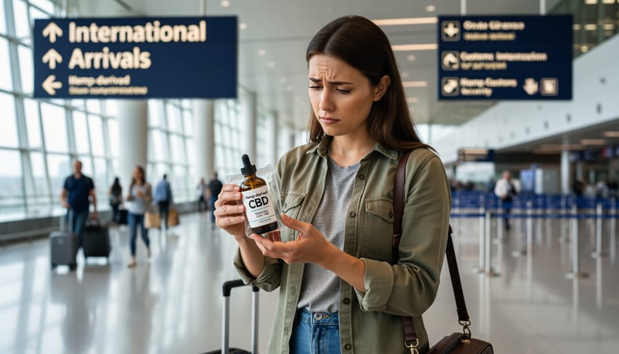 Traveler with rolling suitcase at an international arrivals hall with blurred background