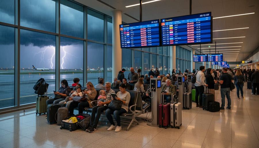 Travelers sitting in an airport terminal while a stormy sky is visible through large windows