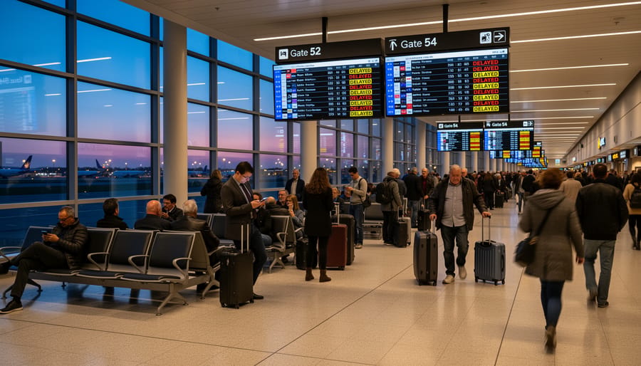 Travelers waiting in line at Montréal, Trudeau Airport terminal with rolling suitcases during a busy evening.