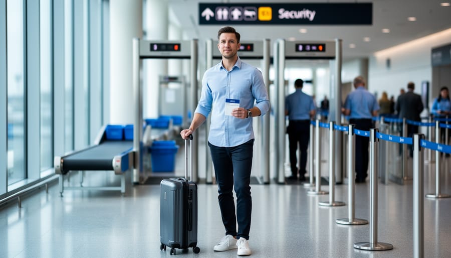 Traveler with a rolling carry-on waiting near an airport security screening conveyor inside YVR.