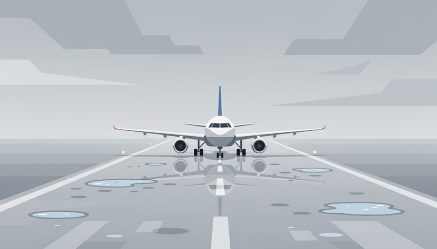 Aircraft on a wet runway with light rain mist and terminal lights in the background