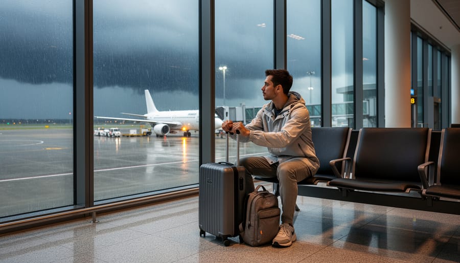 Traveler with an umbrella at a rain-slick airport terminal curb with blurred aircraft and terminal lights in the background