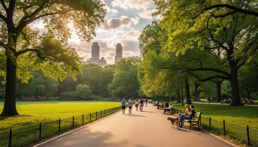 People walking along a sunny Central Park path with trees and warm late-summer light in the background