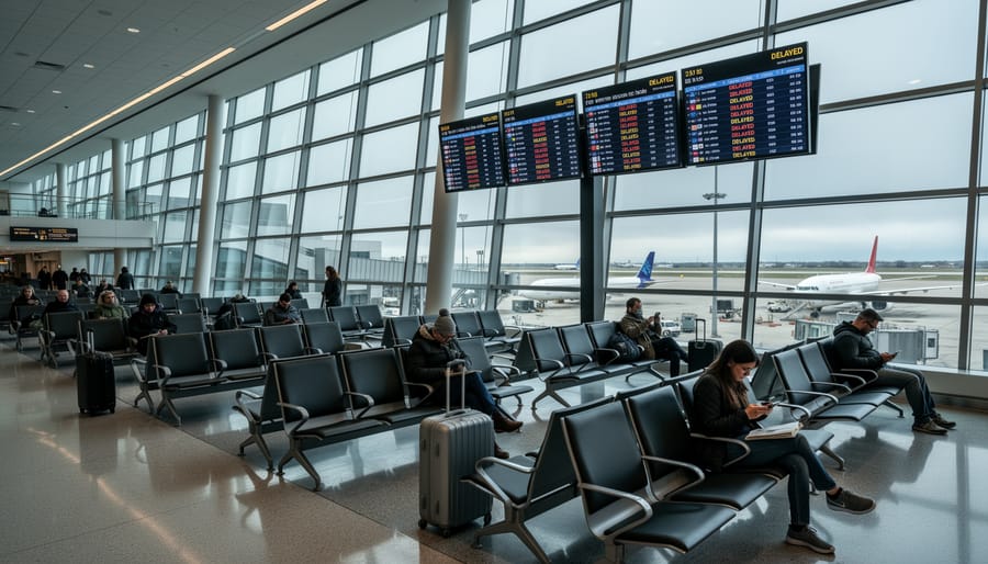 Wide view of a Chicago airport terminal with passengers and gate areas in the background