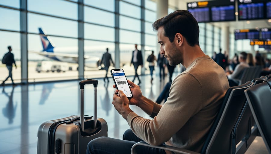 Traveler in a Chicago airport checking flight details on a smartphone while holding confirmation documents
