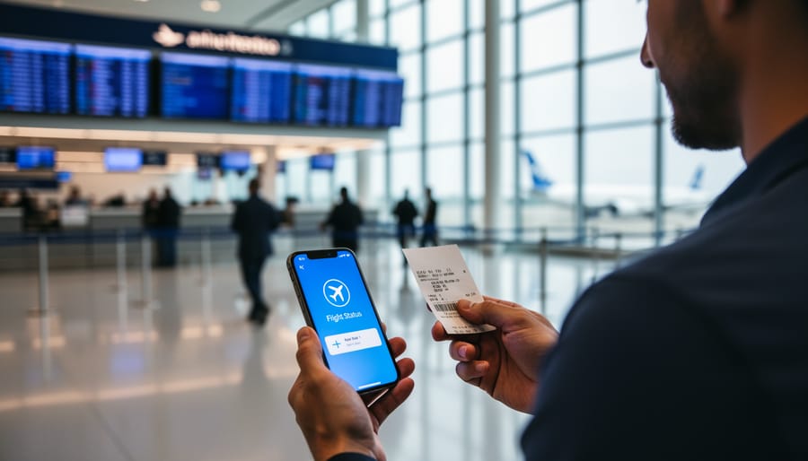 Traveler holding a smartphone while checking flight status in a Chicago airport concourse near an airline counter and blurred departure screens.