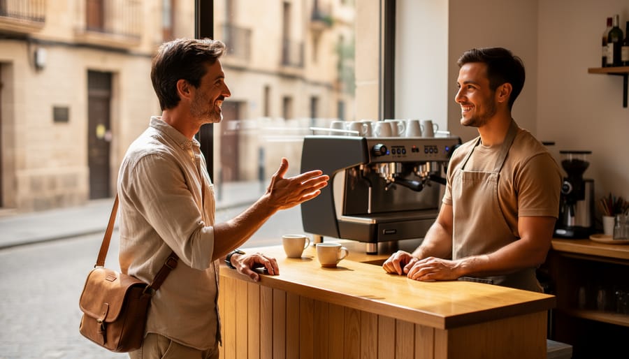A traveler greeting a barista at a Spanish café, conveying a friendly “hola” moment that helps create a smooth connection with locals.
