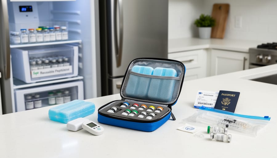 Insulated travel cooler with ice packs and a sealed vial for storage