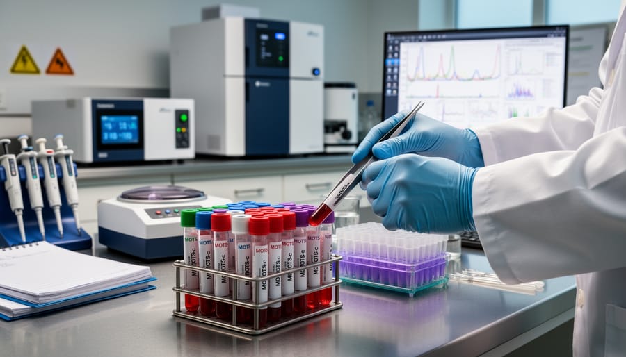 Laboratory bench with sealed vials and small particles used for peptide research