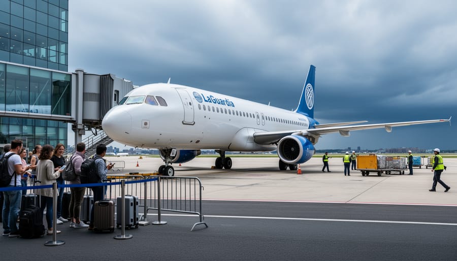 Passengers and airport staff near a parked airplane at LaGuardia Airport under stormy, overcast skies, suggesting a flight delay.