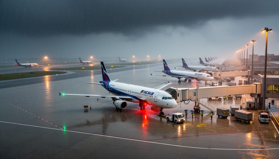 Raindrops on a window with storm clouds and blurred runway lights in the distance