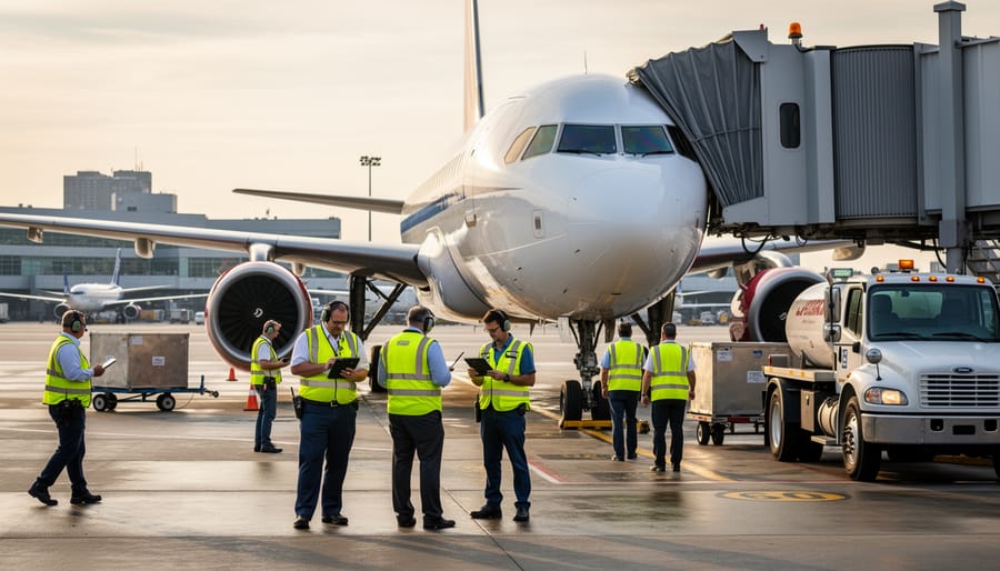 Commercial airplane parked on an airport tarmac with airport staff near the jet bridge