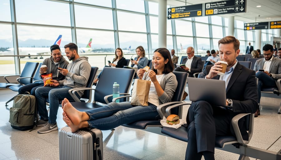 Travelers relaxing in an airport terminal with coffee and a carry-on bag