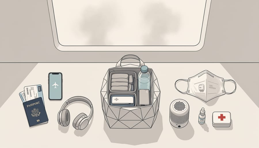 Travel face mask and small travel items on a table with a hazy airport scene blurred in the background.